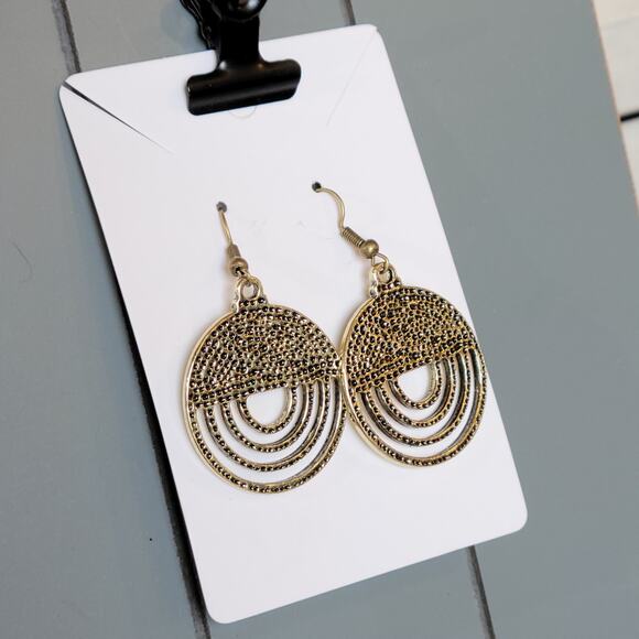 Gold Brass Tone Rainbow Dangle Earrings Textured Boho Drop Jewelry 2" - Picture 5 of 13